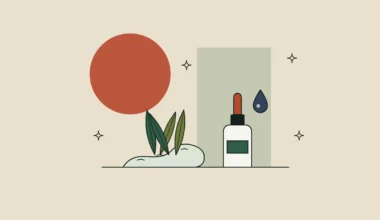 Ilustración de una raíz con hojas, un frasco cuentagotas y una gota, sobre fondo arena