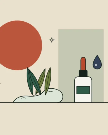 Ilustración de una raíz con hojas, un frasco cuentagotas y una gota, sobre fondo arena