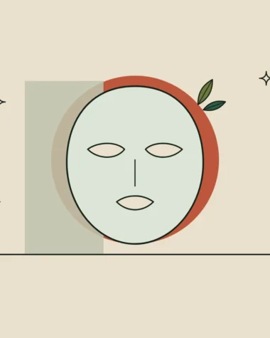 Ilustración de una mascarilla de hidrogel con forma de rostro y una rama con hojas.