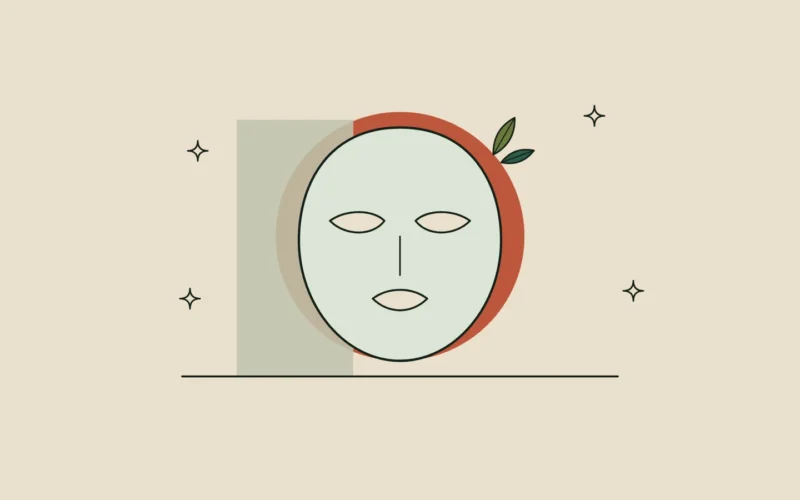 Ilustración de una mascarilla de hidrogel con forma de rostro y una rama con hojas.